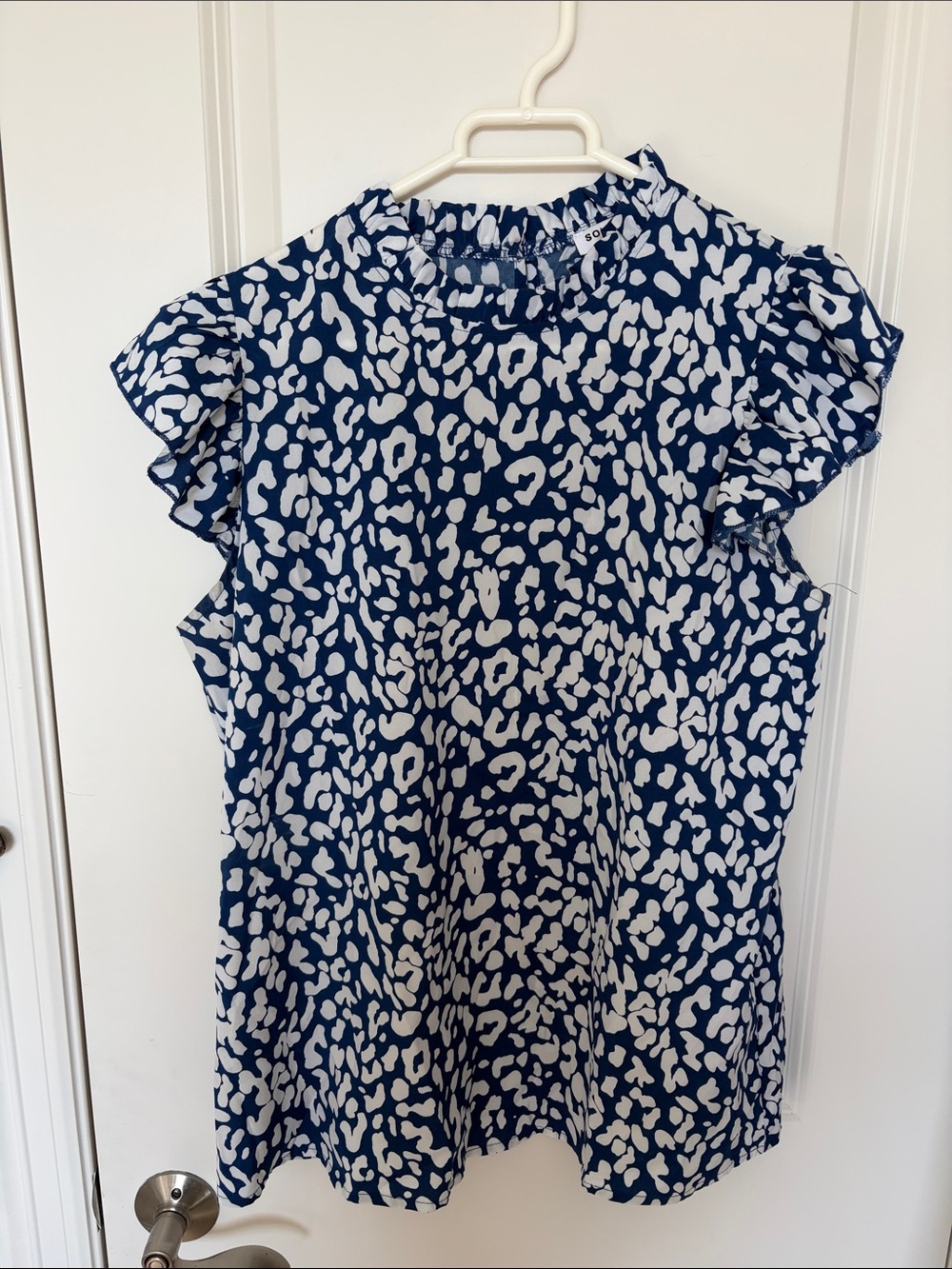 Navy and White Ruffle-Sleeve Blouse